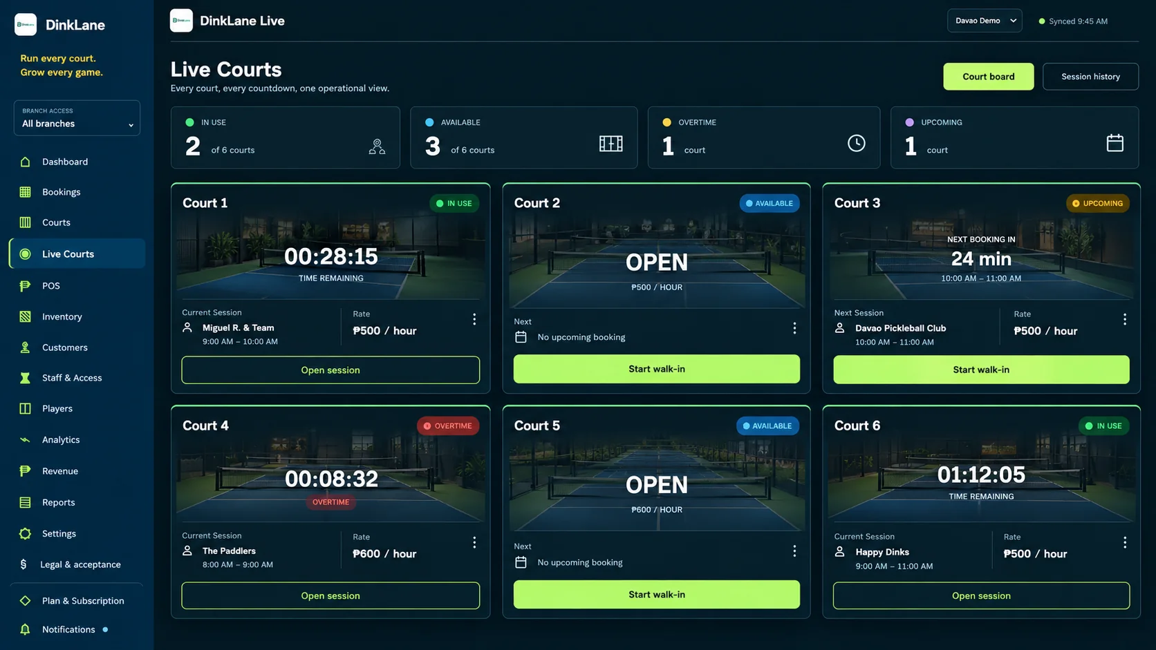 Illustrative DinkLane Live Courts view with court photos and sample session timers.