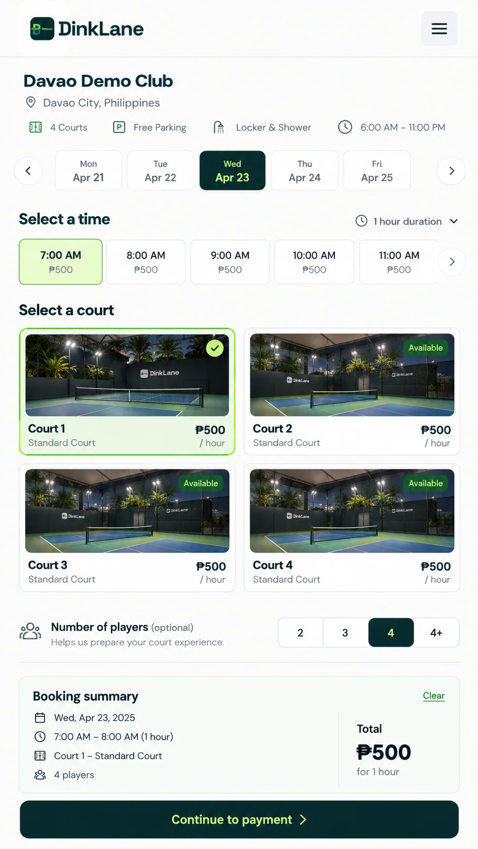 Illustrative DinkLane mobile booking view with sample court selection and pricing.